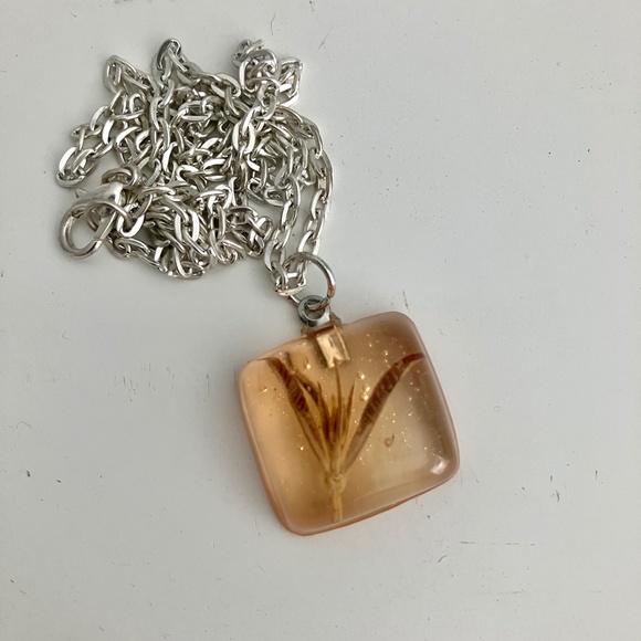 Botanical Lemon Verbena Resin Pendant Necklace on Silver Tone Chain - Picture 4 of 6